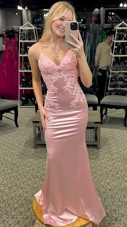 Light Pink Mermaid Open Back Long Prom Dress With Appliques, AST1492