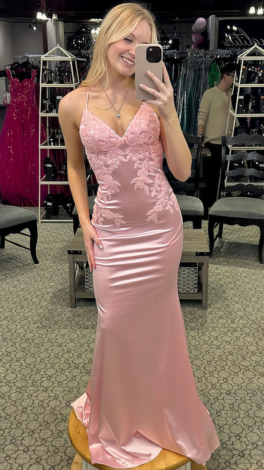 Light Pink Mermaid Open Back Long Prom Dress With Appliques, AST1492