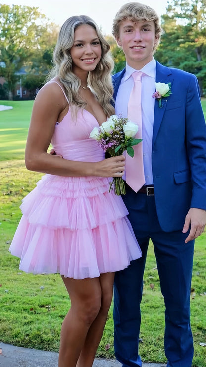 Light Pink Tulle Homecoming Dress, Spaghetti Straps Tiered Mini Party Gown