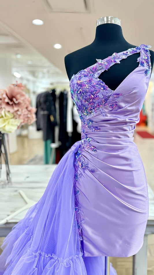 Lilac Appliques Bodycon Homecoming Dress With Ruffle Tail