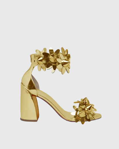 Lilian Metallic Flower Strap Sandals In Gold