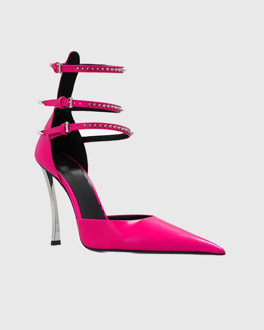 Lilla Leather Rivet Ankle Strap Flared Heels In Pink