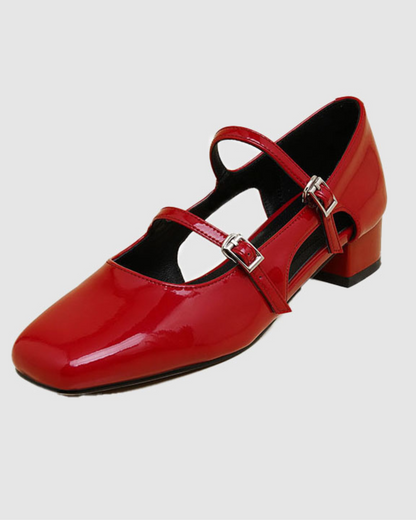 Linda Buckle Double Buckle Ballet Flats In Red