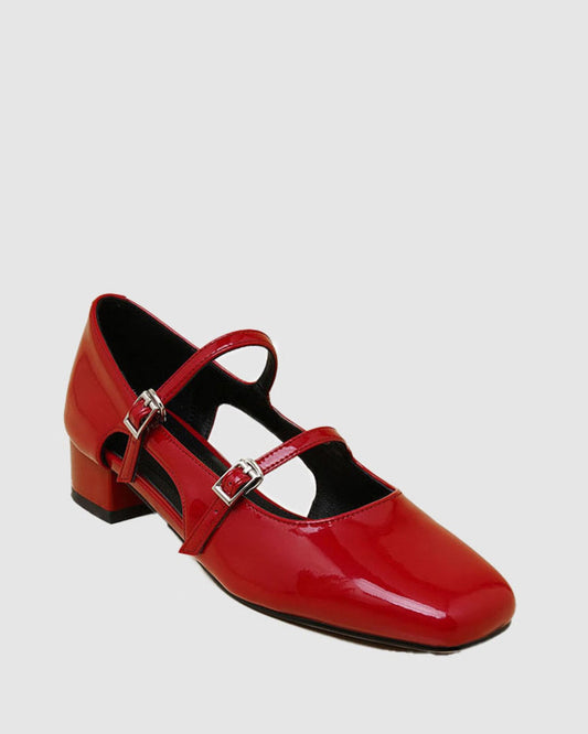 Linda Buckle Double Buckle Ballet Flats In Red