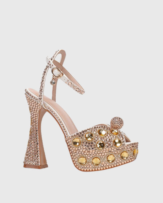 Liviana Rhinestone Platform Flared Heels In Gold