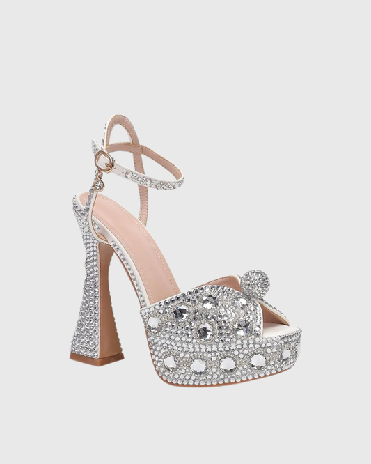 Liviana Rhinestone Platform Flared Heels In Silver