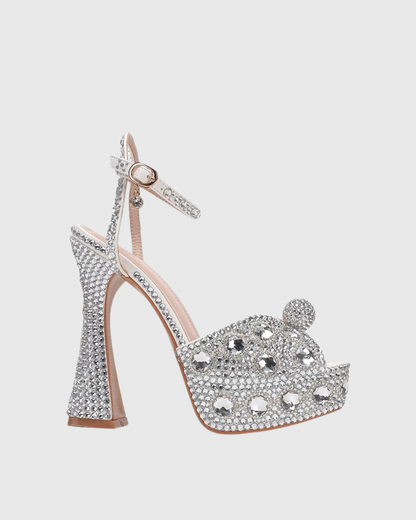 Liviana Rhinestone Platform Flared Heels In Silver