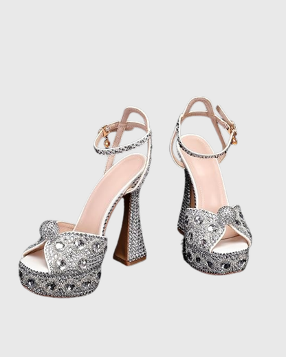 Liviana Rhinestone Platform Flared Heels In Silver