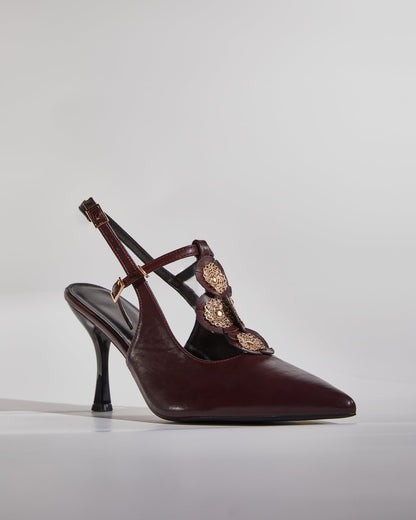 Liz Vintage Flower Slingback Pumps In Wine