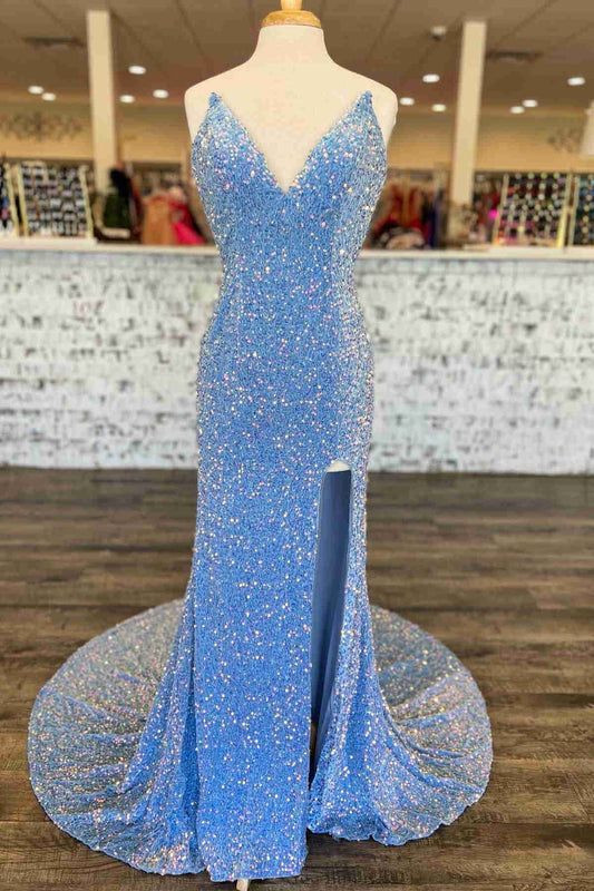 Long Light Blue V-Neck Iridescent Prom Dresses,Sparkly Sequins Formal Dress with Slit