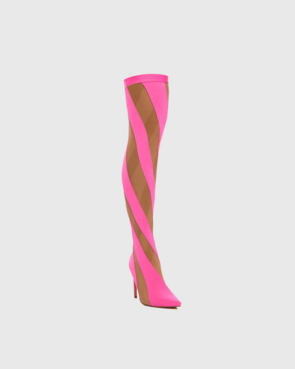 Lorenza Stripe Mesh Over The Knee Boots In Pink