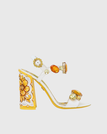 Loreto Flower Print Diamond Strap Sandals In Gold