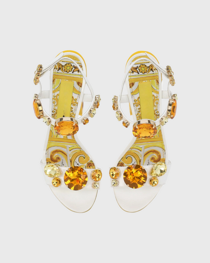Loreto Flower Print Diamond Strap Sandals In Gold