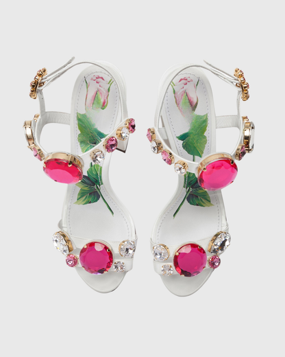 Loreto Flower Print Diamond Strap Sandals In White