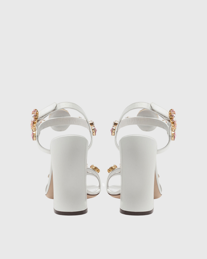 Loreto Flower Print Diamond Strap Sandals In White