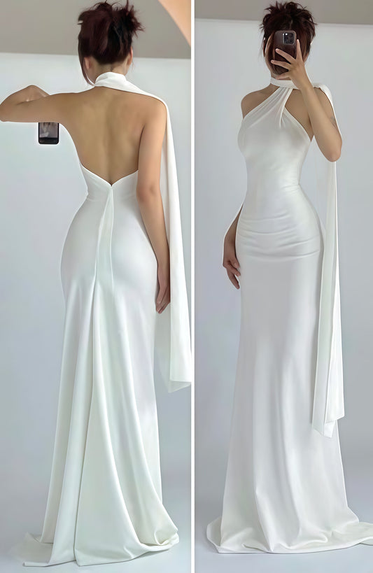 Lovely Halter Sash White Bridal Dress, Mermaid Wedding Dresses