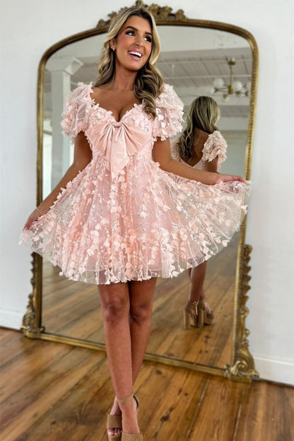 Sweet Pink A Line Homecoming Dress with Puff Sleeves Tulle Fabric and Bow Detail
