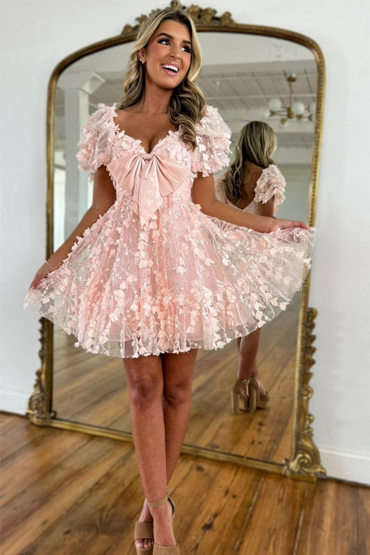 Sweet Pink A Line Homecoming Dress with Puff Sleeves Tulle Fabric and Bow Detail