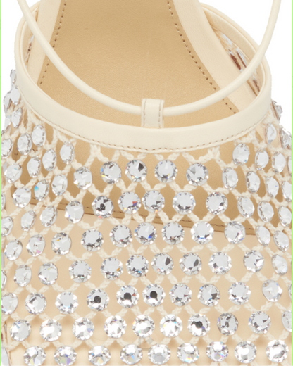 Luca Rhinestone Embellished Fishnet Lace up Pumps In Apricot