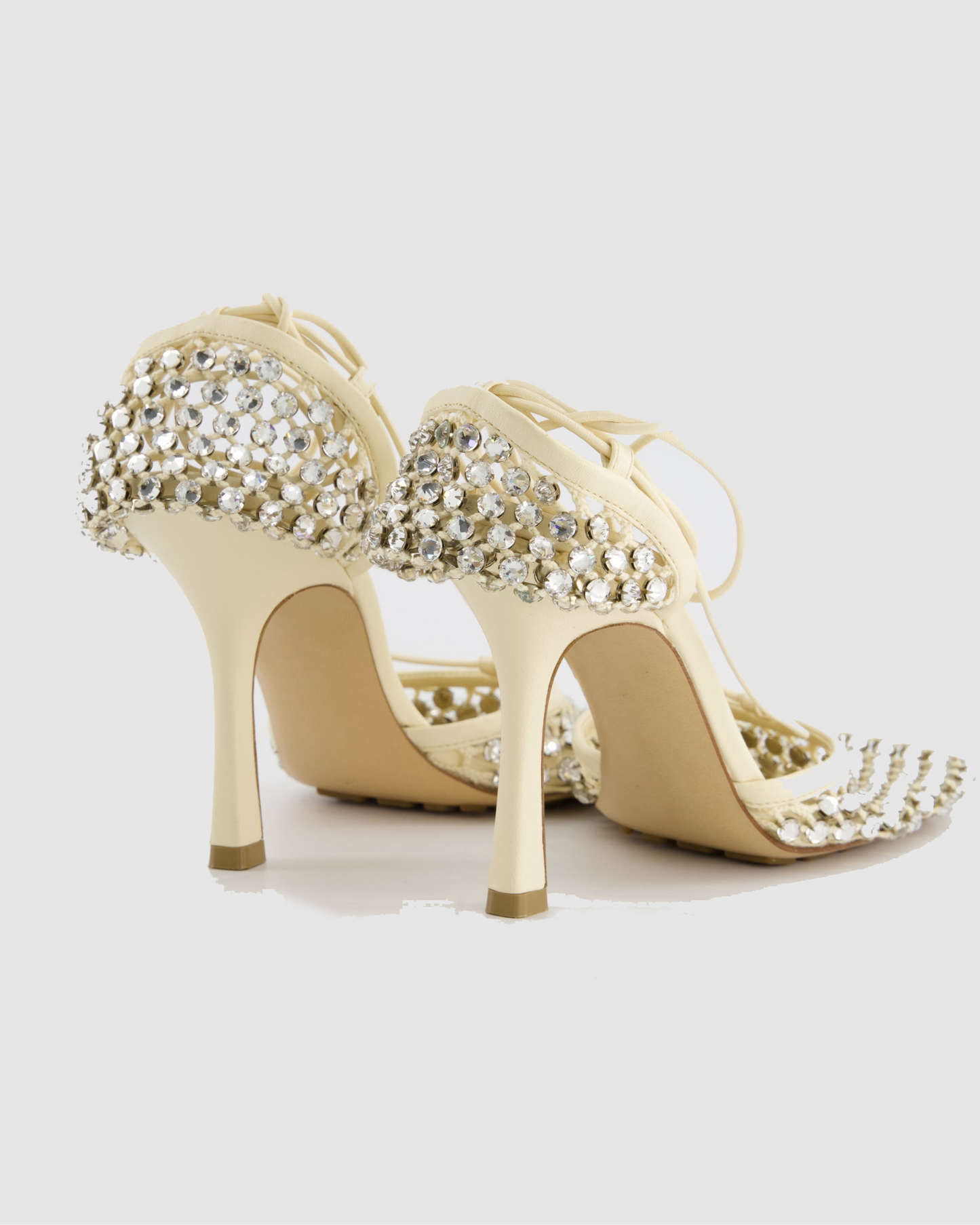Luca Rhinestone Embellished Fishnet Lace up Pumps In Apricot