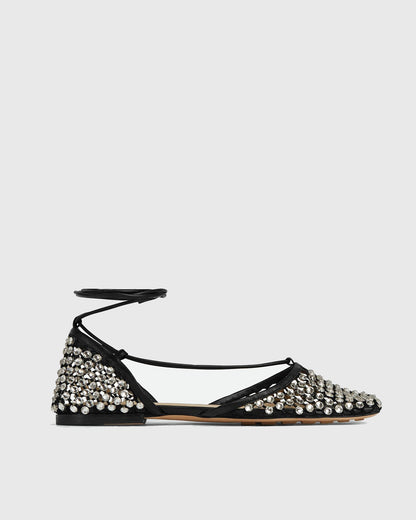 Luca Rhinestone Embellished Fishnet Lace Up Flats In Black