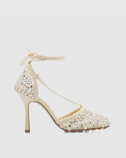 Luca Rhinestone Embellished Fishnet Lace up Pumps In Apricot