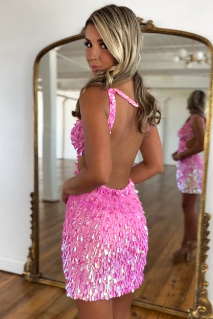 Luxurious Deep V-Neck Backless Short Tight Sequin Homecoming Dress