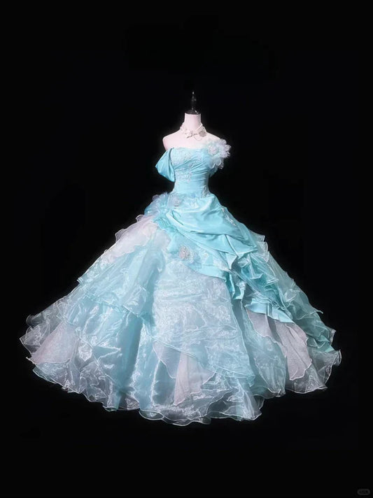 Elegant Blue Off-the shoulder Organza Tiered Pleated A-Line Ball Gown Prom Dress Sweet 16 Quinceanera Party Dress TP4382