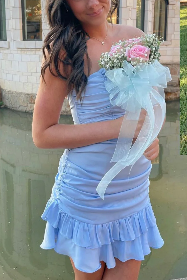 Strapless Pleated Satin Ruffles Mini Cocktail Homecoming Dress