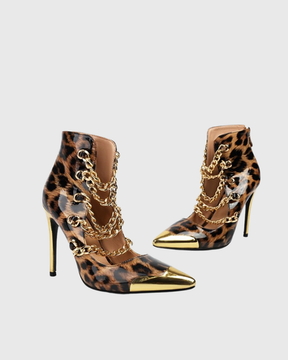 Marietta Leopard Print Chain Metal Toe Ankle Boots