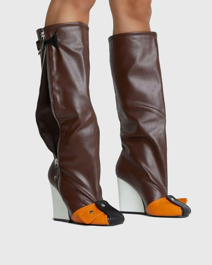 Matilde Splicing Wedge Knee High Boots In Brown