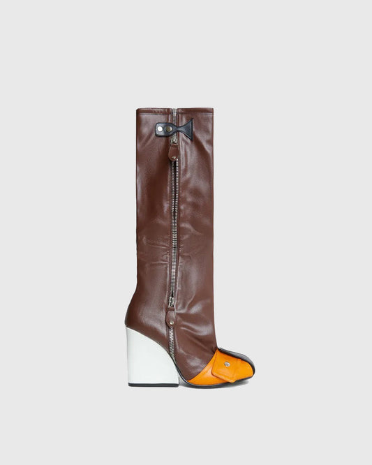 Matilde Splicing Wedge Knee High Boots In Brown