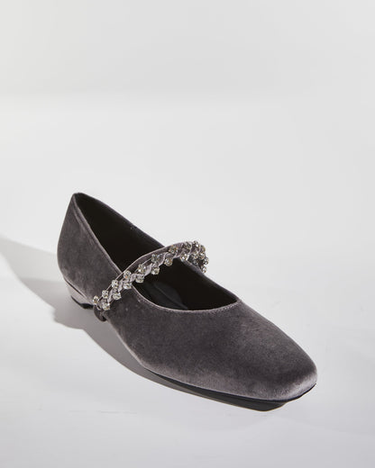 Meg Rhinestone Strap Velvet Flats In Grey