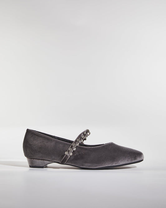 Meg Rhinestone Strap Velvet Flats In Grey