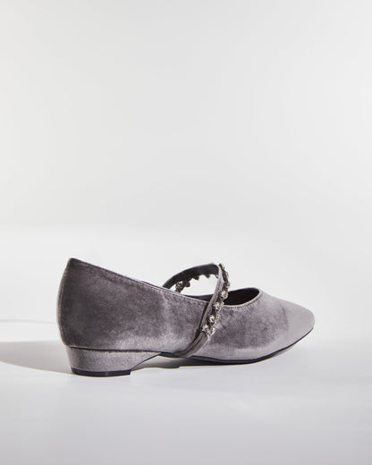 Meg Rhinestone Strap Velvet Flats In Grey