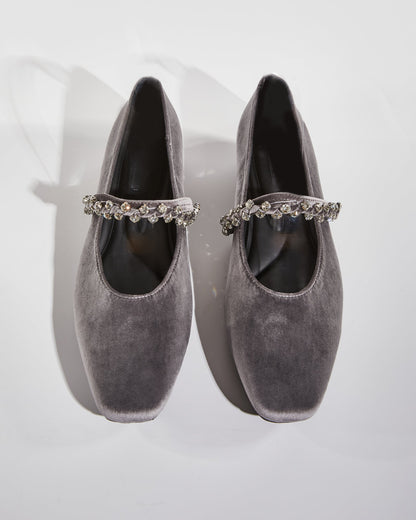 Meg Rhinestone Strap Velvet Flats In Grey