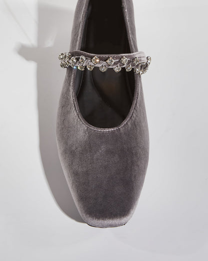 Meg Rhinestone Strap Velvet Flats In Grey