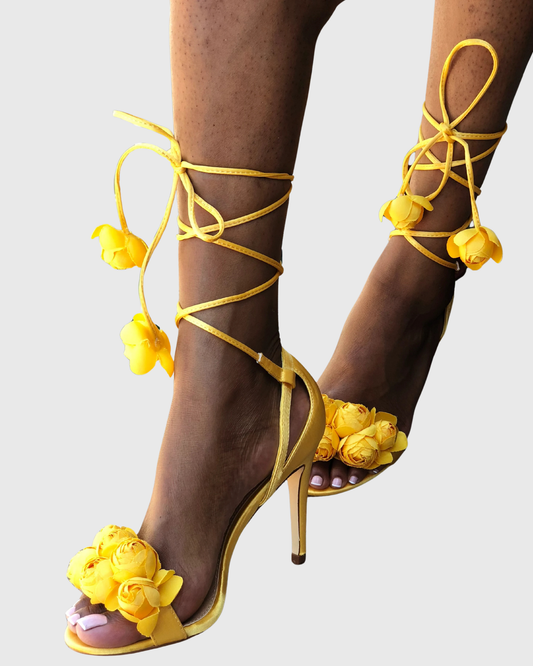 Melania 3D Flower Lace Up Sandals In Yellow