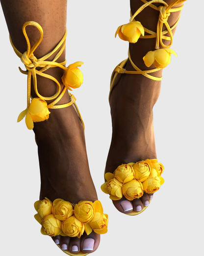 Melania 3D Flower Lace Up Sandals In Yellow