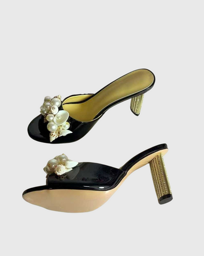 Melania Pearl & Conch Slippers In Black