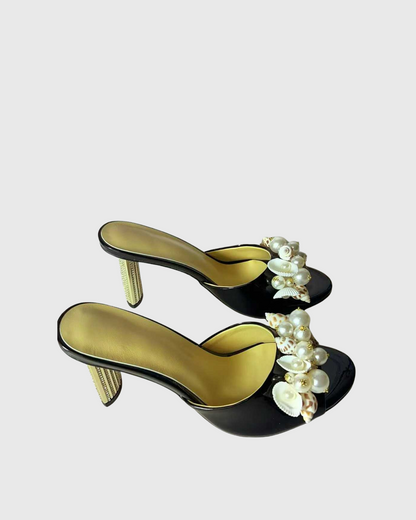 Melania Pearl & Conch Slippers In Black