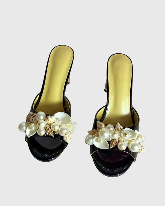 Melania Pearl & Conch Slippers In Black