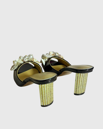 Melania Pearl & Conch Slippers In Black