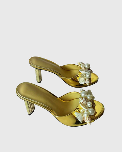Melania Pearl & Conch Slippers In Gold