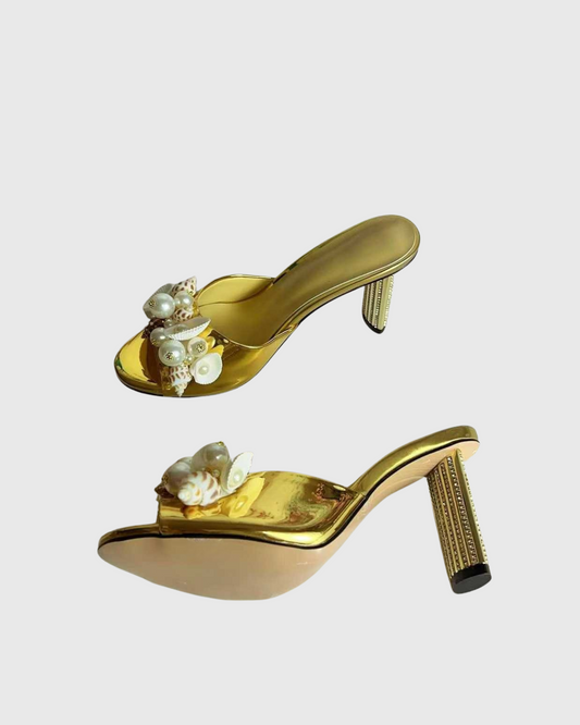 Melania Pearl & Conch Slippers In Gold