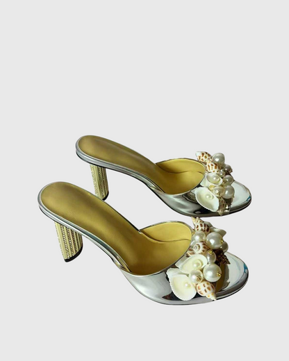 Melania Pearl & Conch Slippers In Silver
