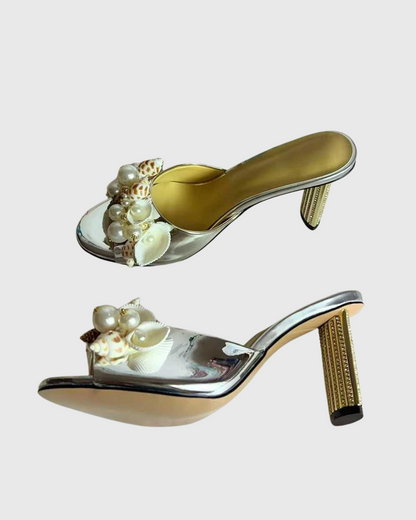 Melania Pearl & Conch Slippers In Silver