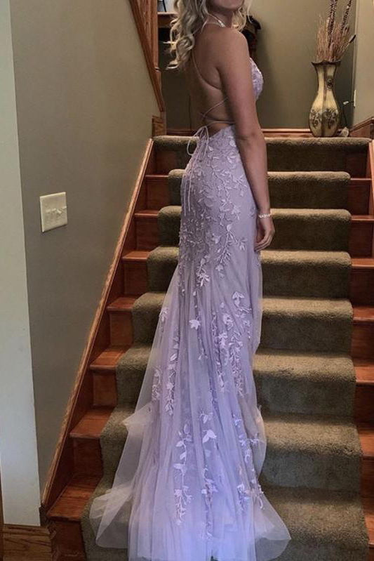 Trumpet Lace Backless Lilac Long Prom Graduation Dress,Mermaid Evening Gowns