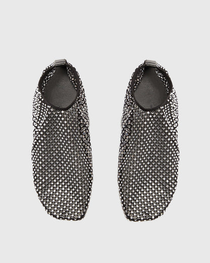 Mia Rhinestone Fishnet Flats In Black