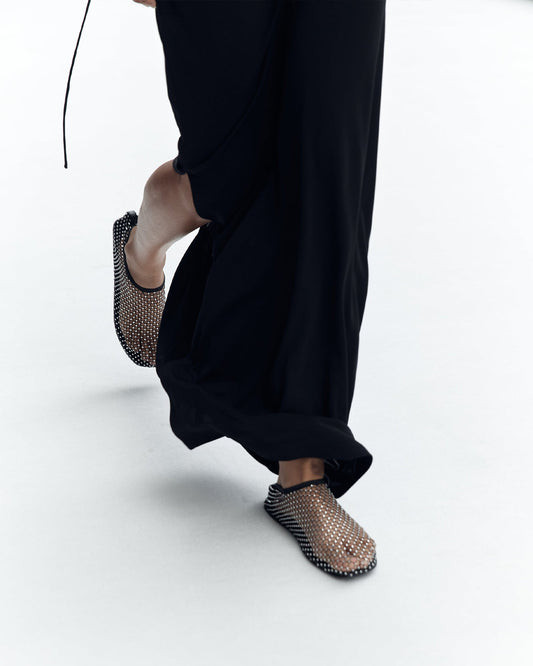 Mia Rhinestone Fishnet Flats In Black